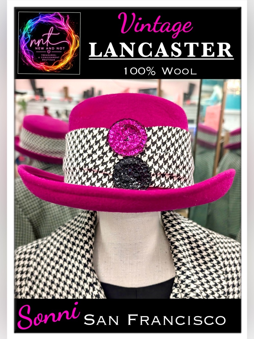 Vintage Sonni San Francisco Lancaster Hot Pink 100% Wool Houndstooth Hat